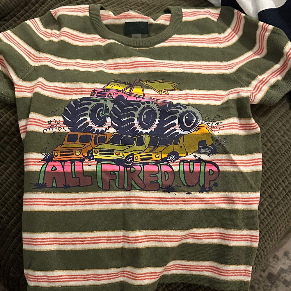 MOTHER Olive Green & Cream Striped 'All Fired Up' Monster Truck Tee